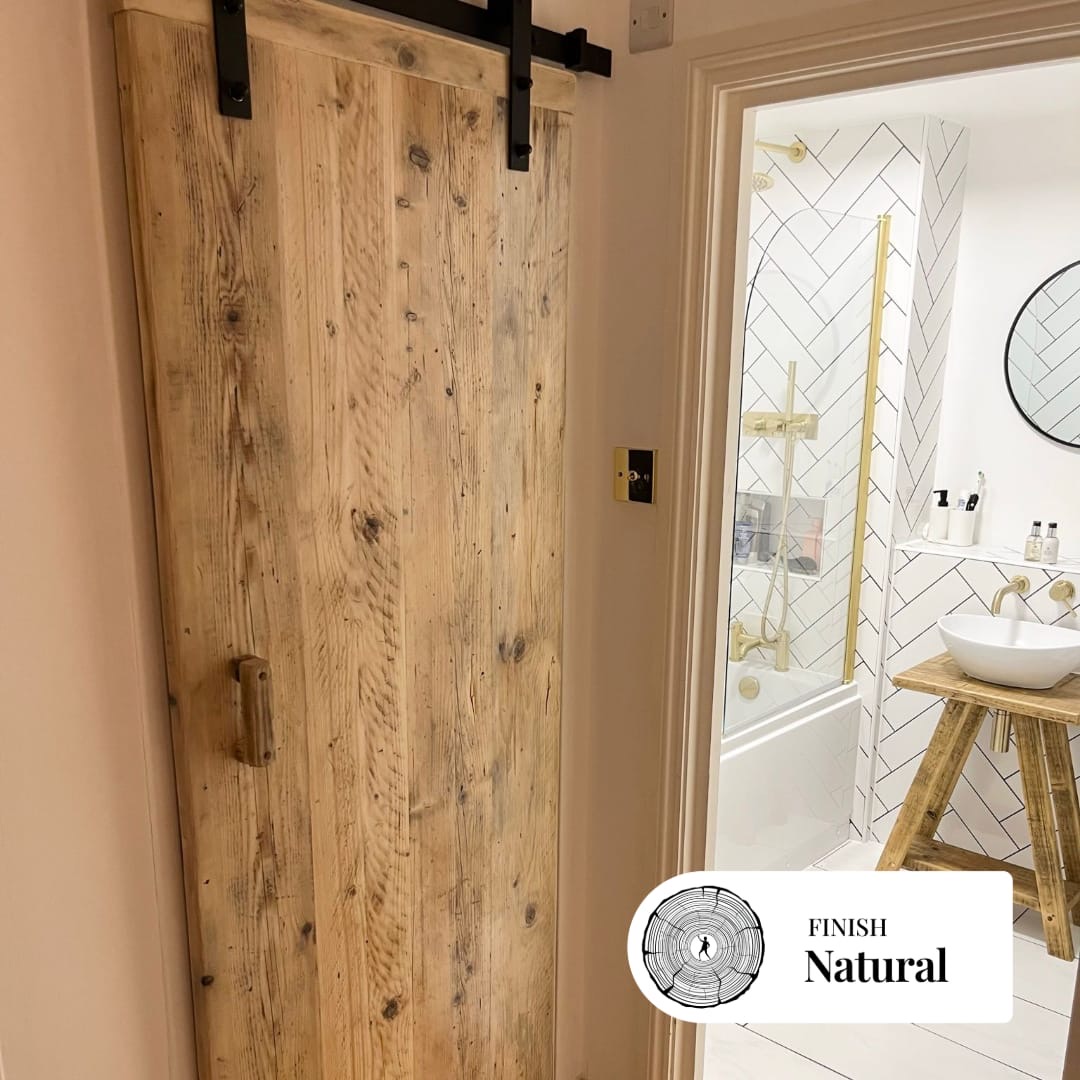 ARCHER - Rustic Sliding Barn Door- Made From Reclaimed Wood- Farmhouse Style Door with Industrial Steel Runner- Wooden Handle