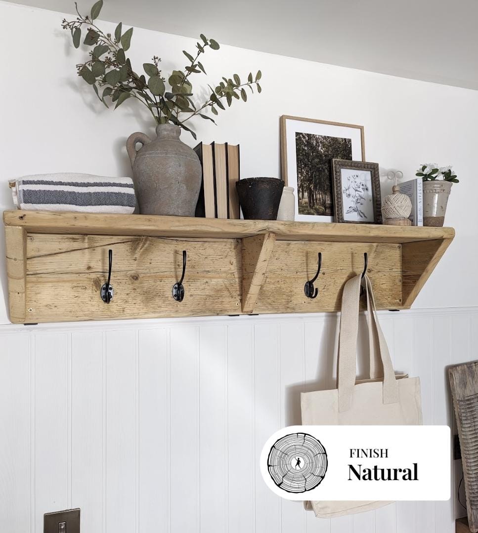 MIDANBURY- Rustic Coat Rack- Reclaimed Clothing Shelf With Vintage Hooks